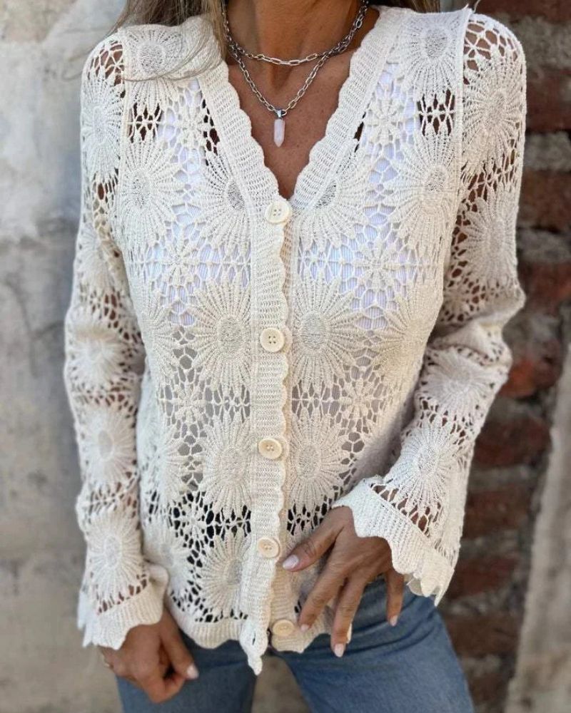 Zinnia - Women's V-Neck Long Sleeve Lace Top