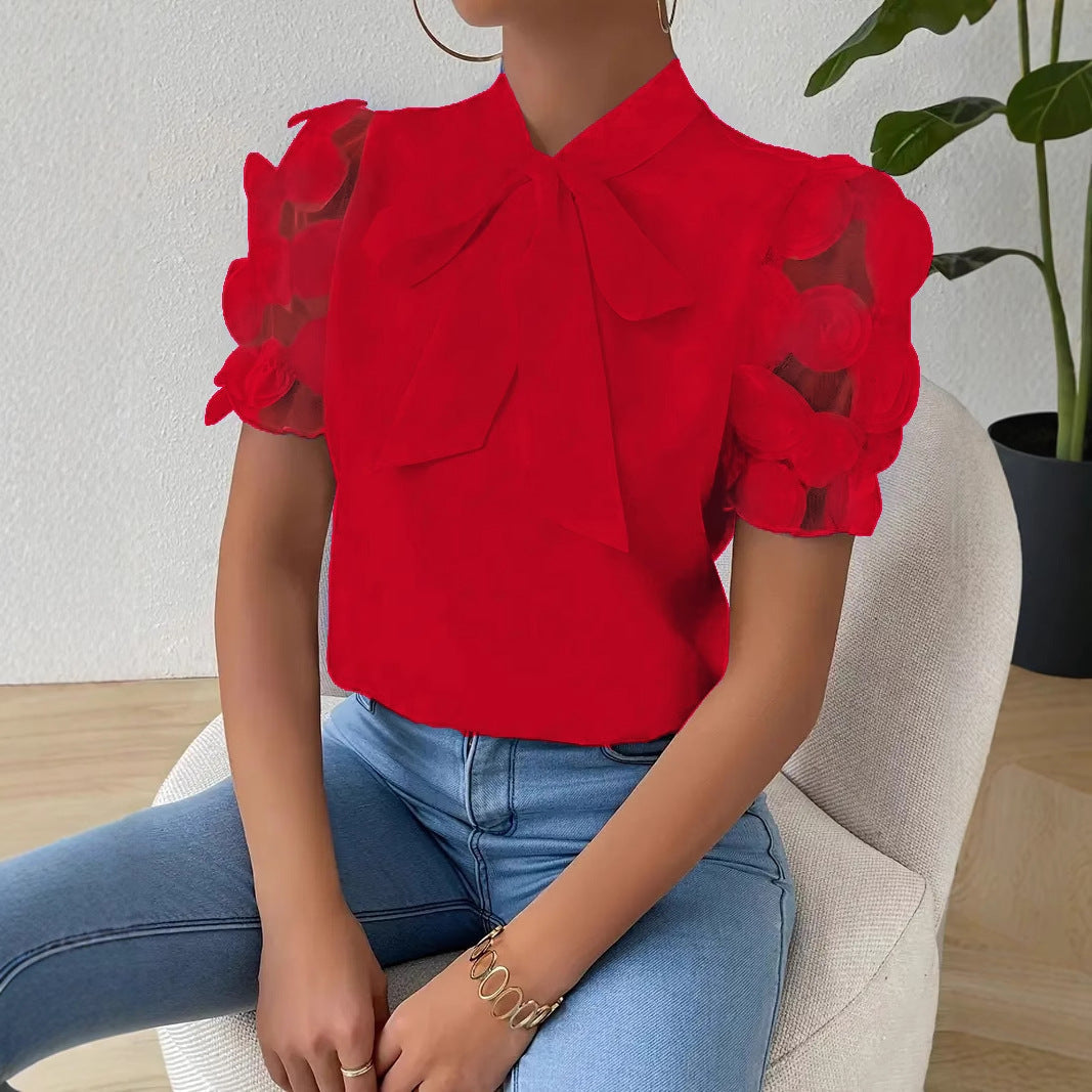 Cirelle - Plain lace summer blouse with bow and short sleeves