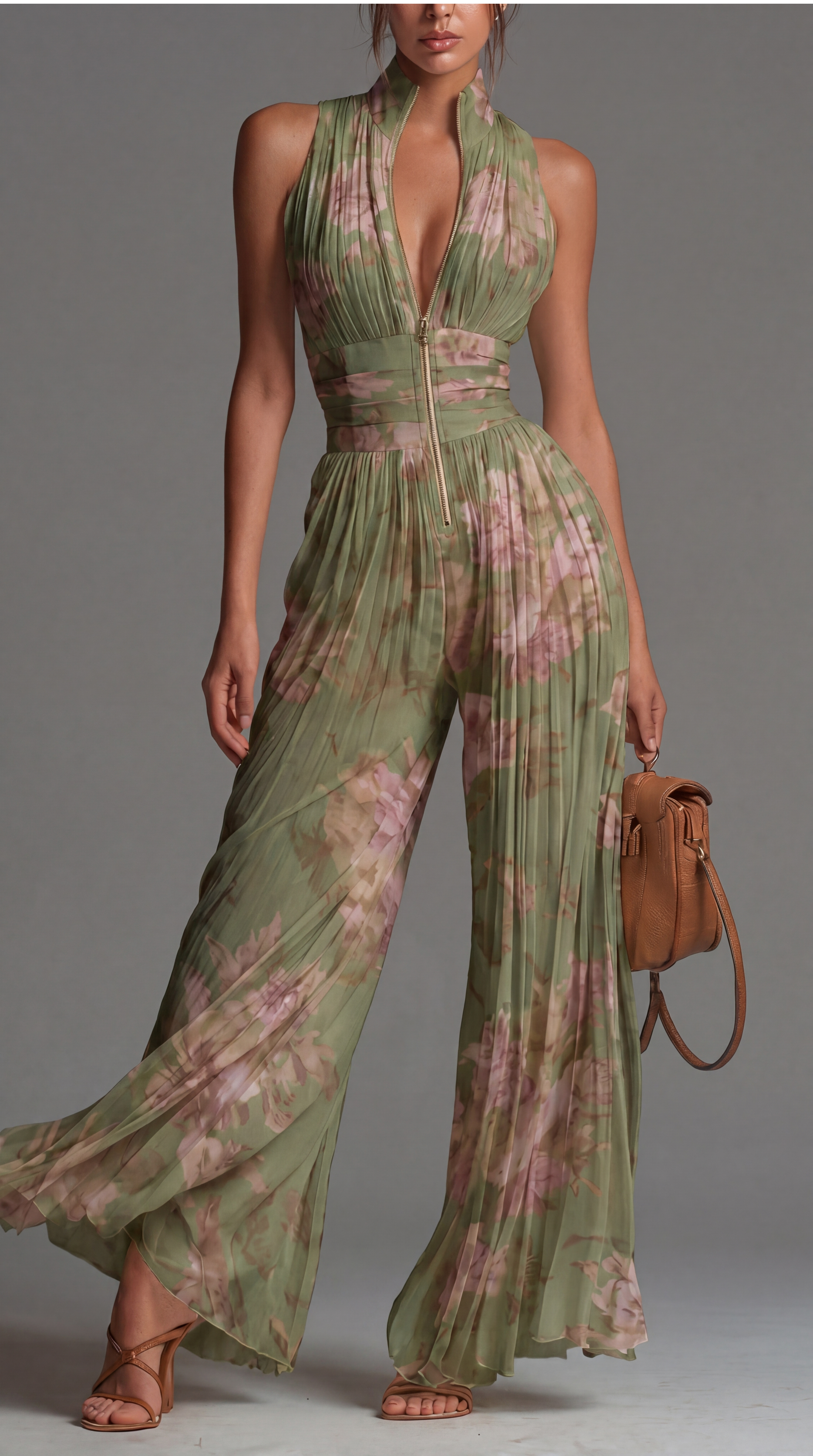 ESSENTIAL – Pleated Floral Chiffon Jumpsuit
