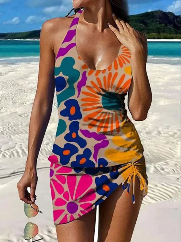 Party | Kwiatowy zestaw tankini z grafiką zakrywającą brzuch
