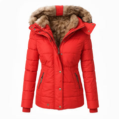 Halina – ciepła pikowana kurtka zimowa z kapturem, czerwony