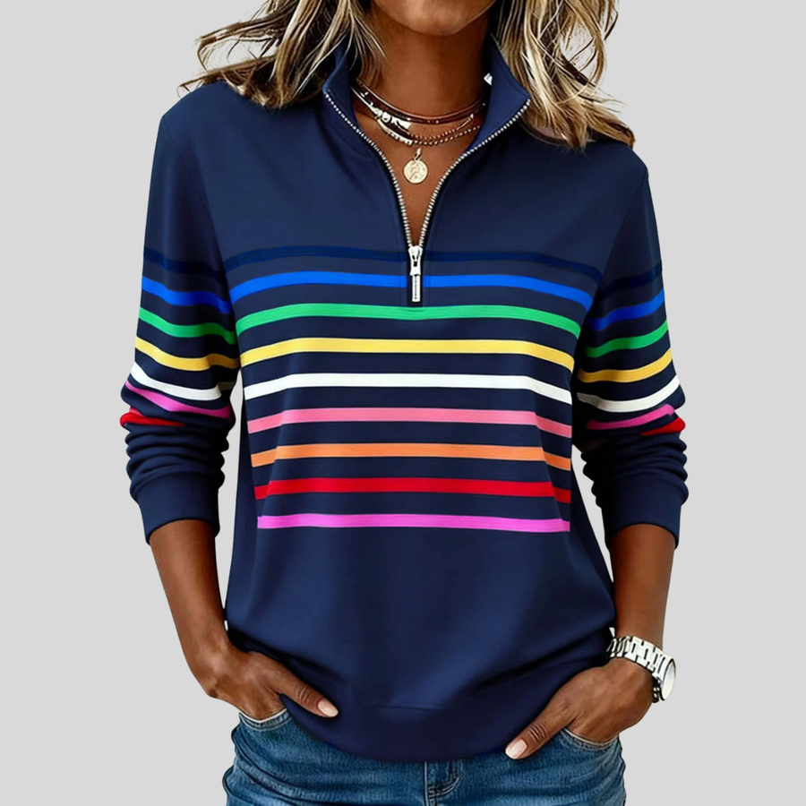 Julita – bluza z suwakiem w kolorowe paski, granatowa
