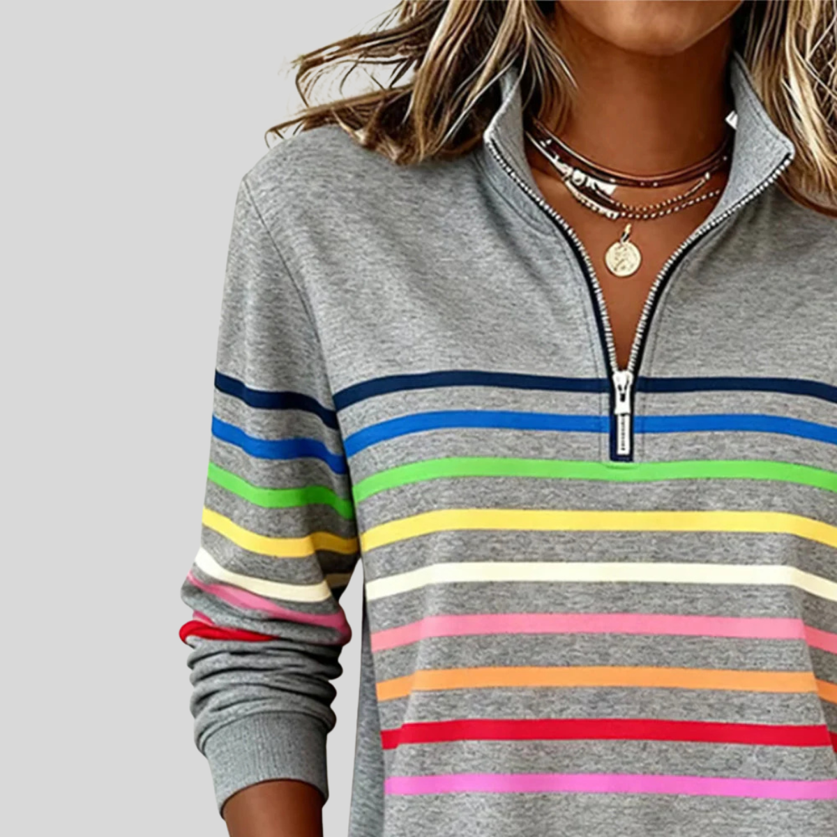 Julita – bluza z suwakiem w kolorowe paski, szara