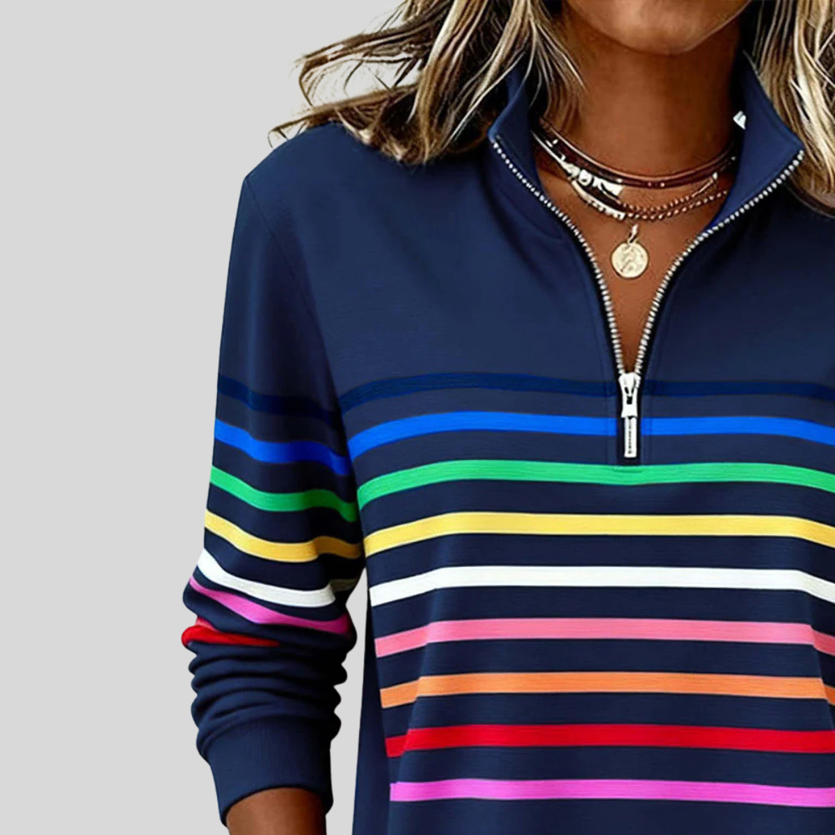 Julita – bluza z suwakiem w kolorowe paski, granatowa