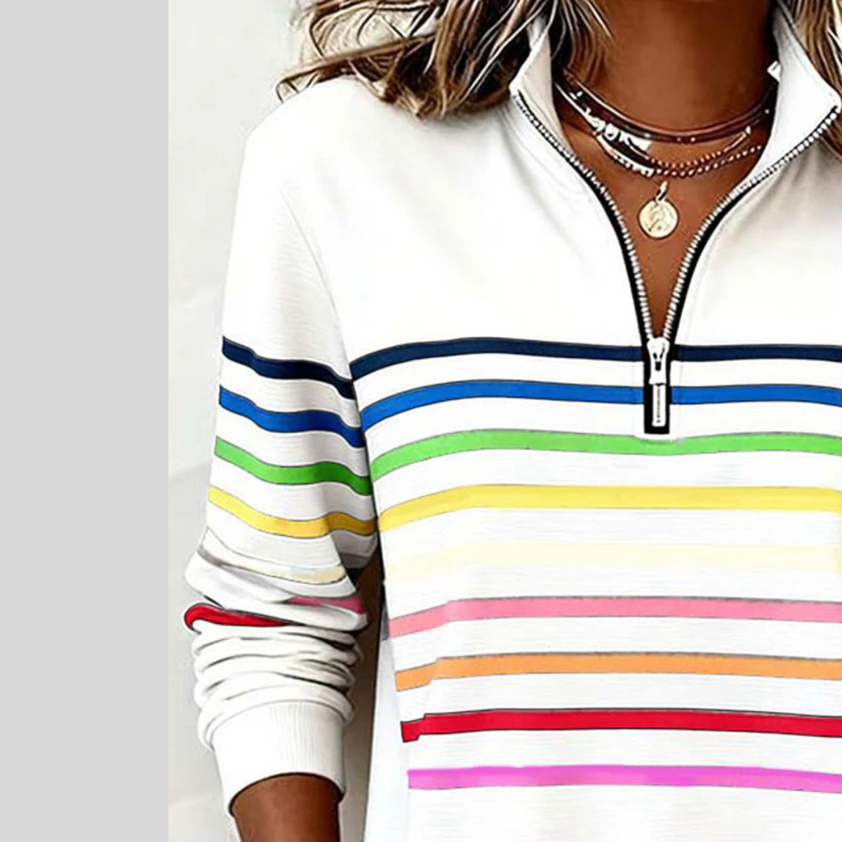 Julita – bluza z suwakiem w kolorowe paski, kremowa