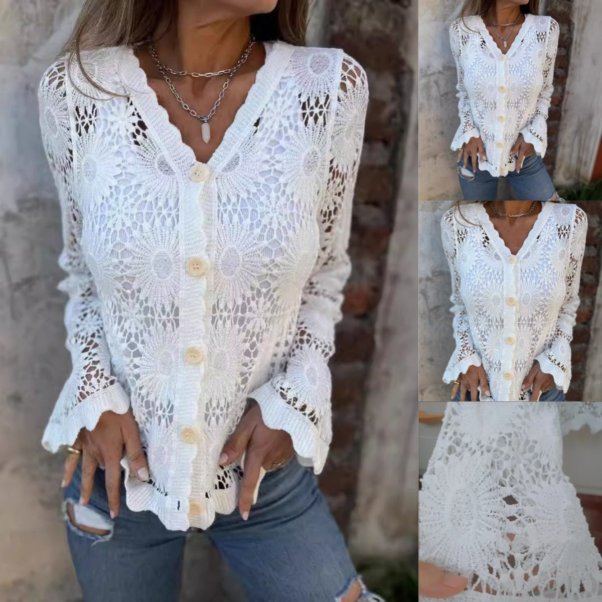 Zinnia - Women's V-Neck Long Sleeve Lace Top