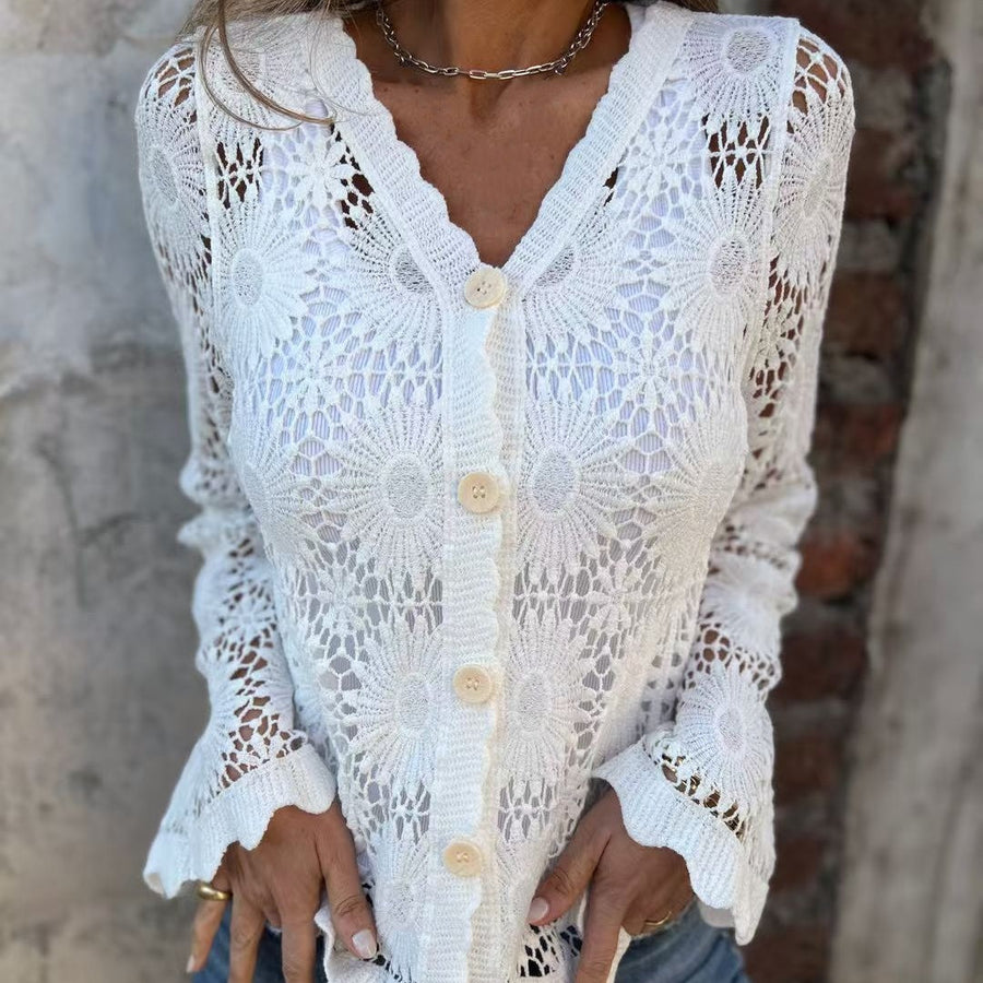 Zinnia - Women's V-Neck Long Sleeve Lace Top